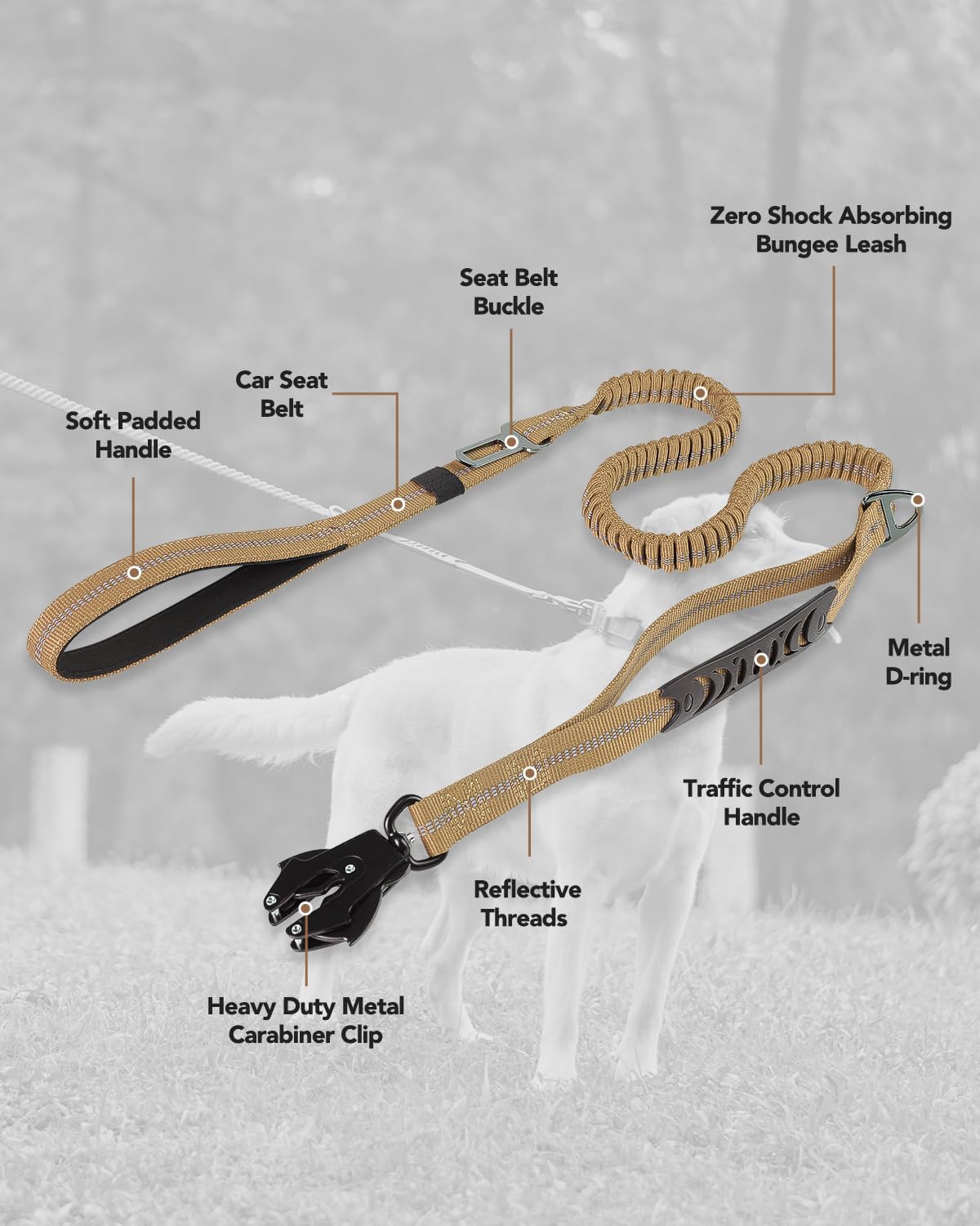 JOYTALE Shock Absorbing Bungee Heavy Duty Tactical Dog Leash with 2 Padded Handle